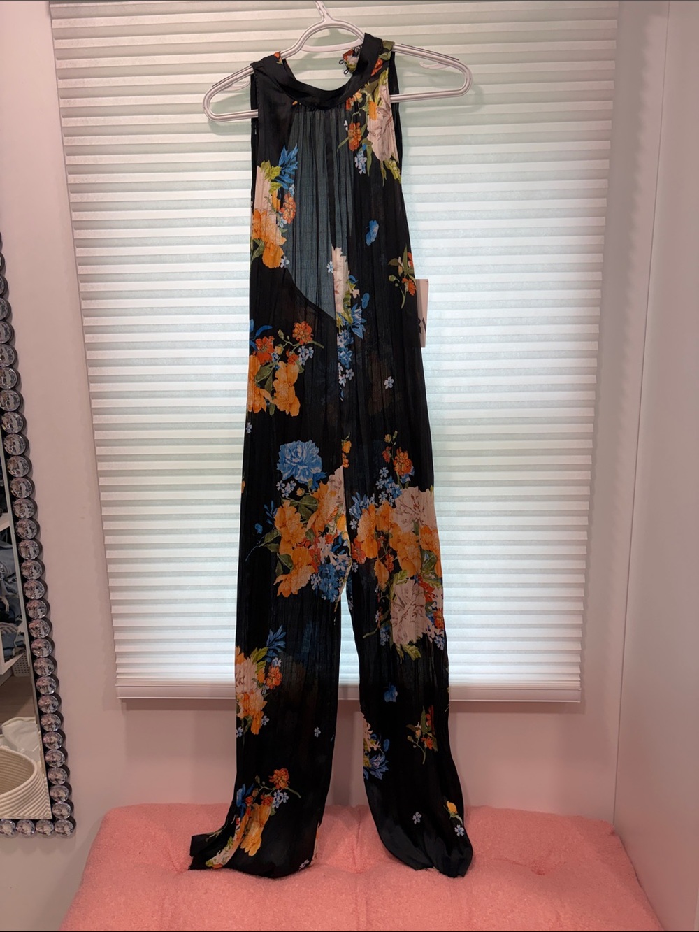 Floral Pleated Halter Jumpsuit in Black with Multicolor Bloom